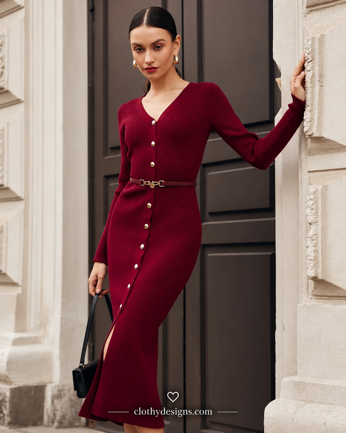 Women's Knitted Button-Front Midi Sweater Dress – Long Sleeve Bodycon Dress with Side Split, Fall Winter Fashion